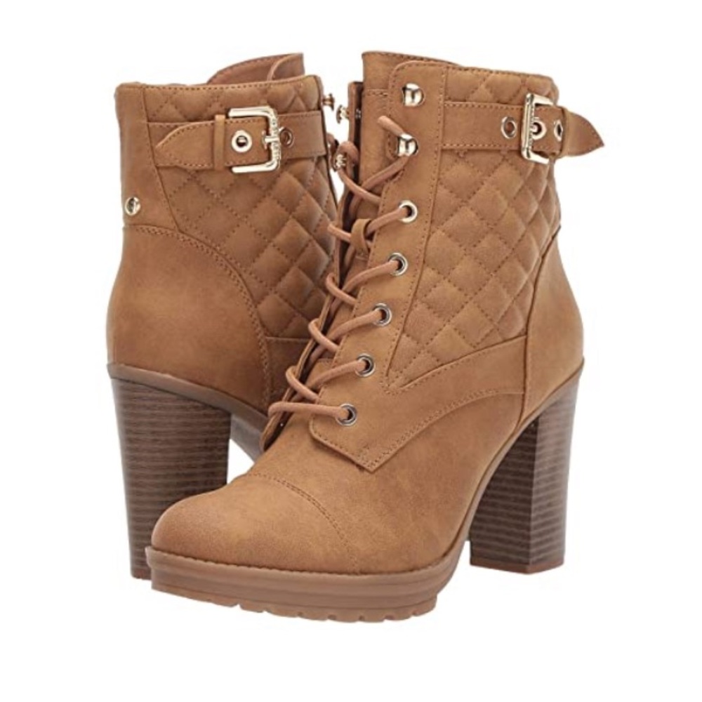 EUC GBG G by Guess Camel Quilted Leather Platform Booties Lace Up Boots